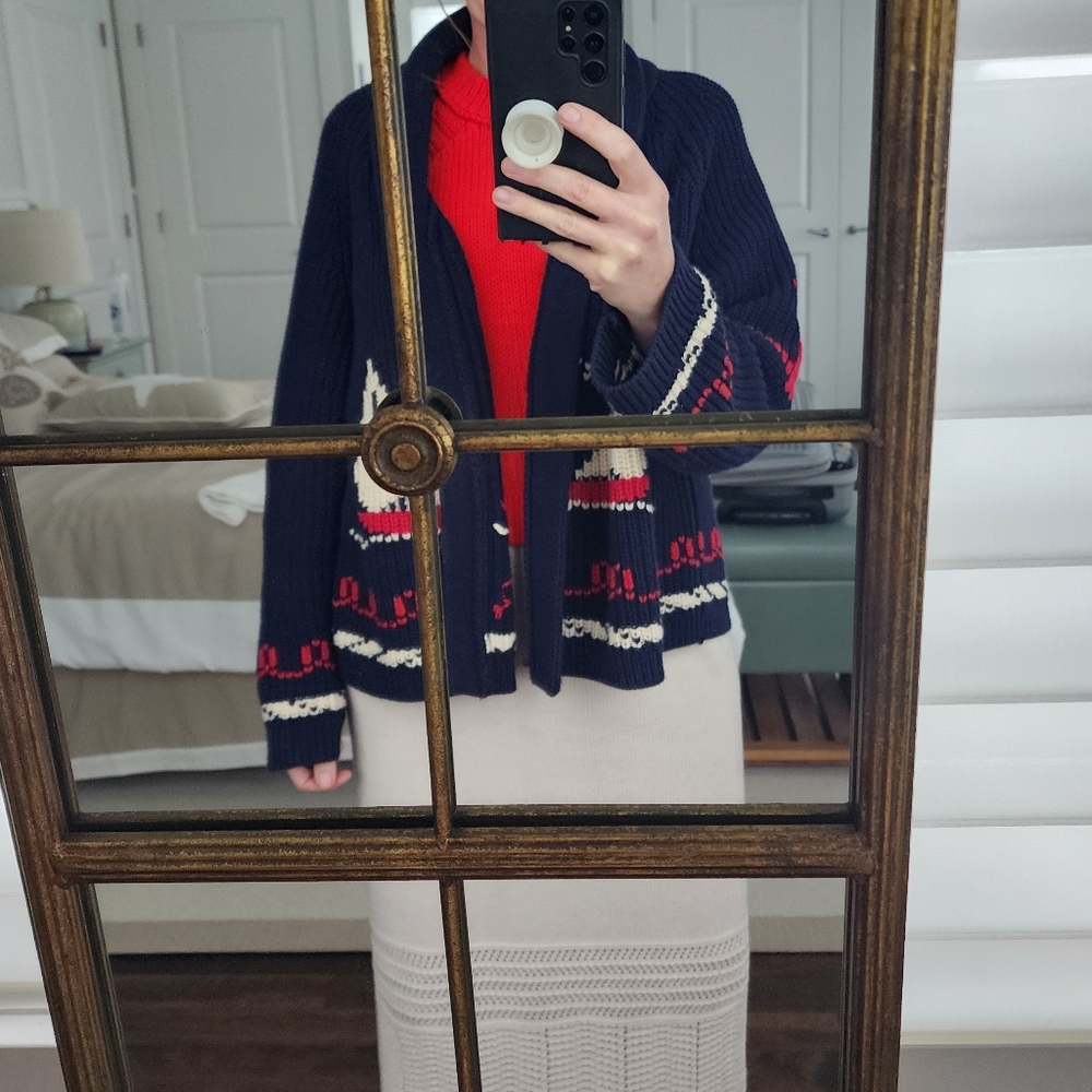 THE GREAT. Navy Sailboat Knit Cardigan with Cream and Red Accents - Picture 11 of 13